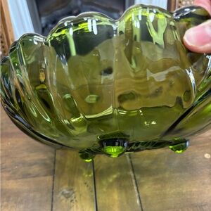 Vintage Indiana glass avocado green footed glass bowl sunflower